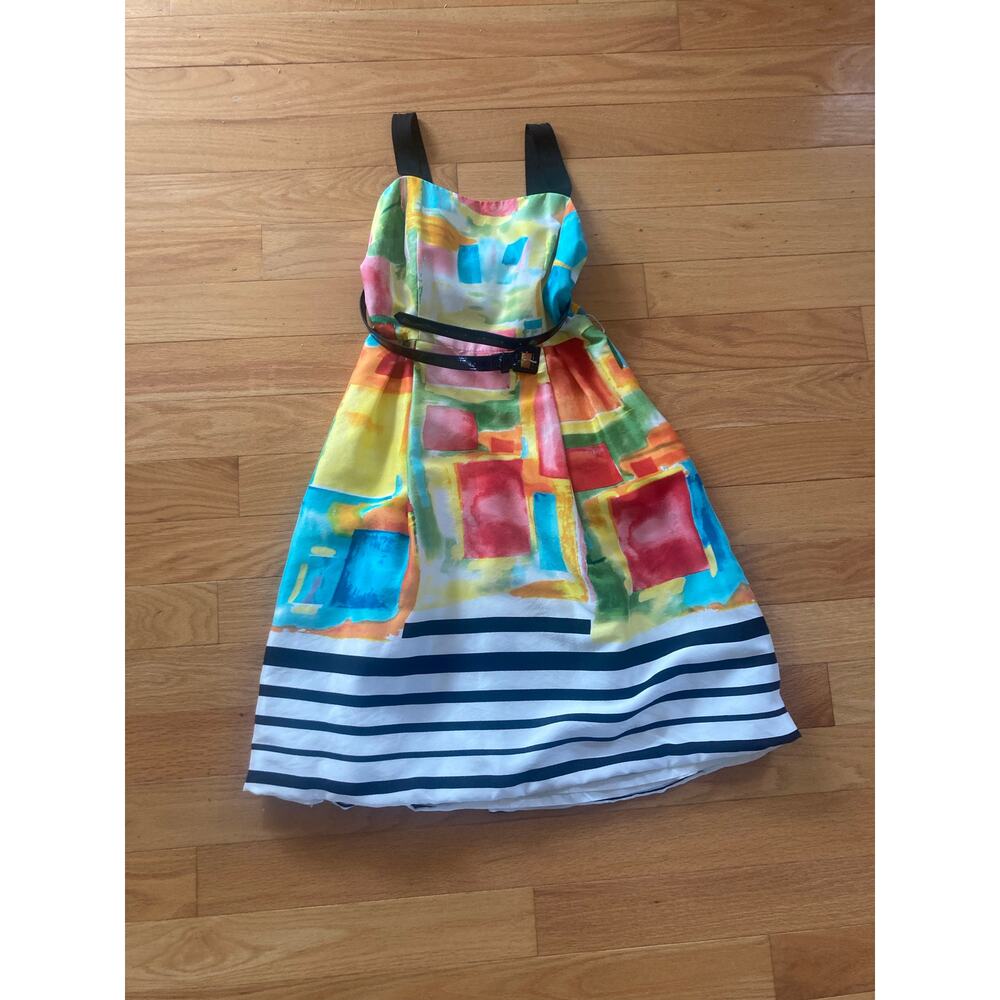 Rickie Freeman Teri Jon Silk Watercolor Abstract Stripe Colorful Belted Dress 8 - Picture 4 of 15